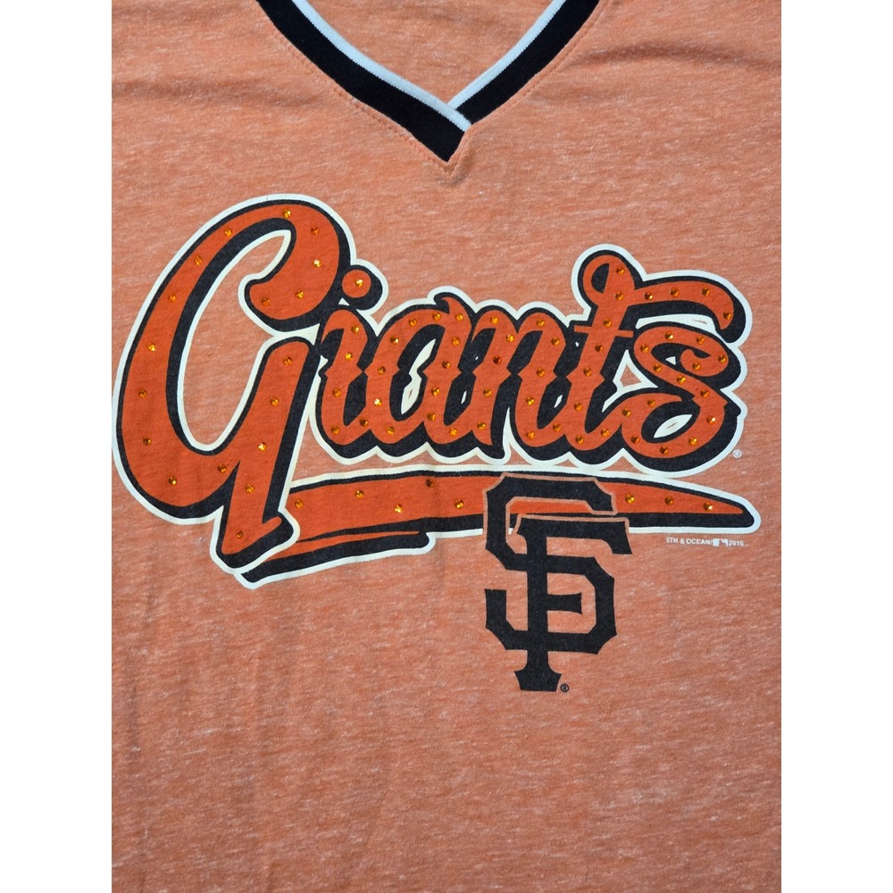5th & Ocean San Francisco Giants MLB Womens Orange Rhinestone V-Neck T-Shirt L - Picture 3 of 6